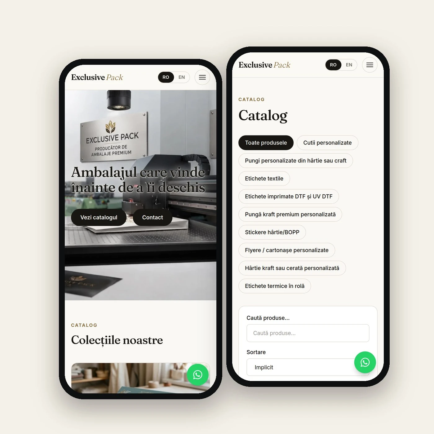 Site-ul Exclusive Pack pe telefon: prima pagină și catalogul