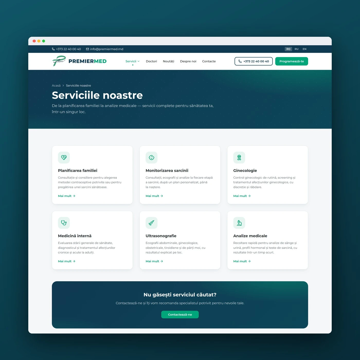 Pagina de servicii a site-ului PremierMed