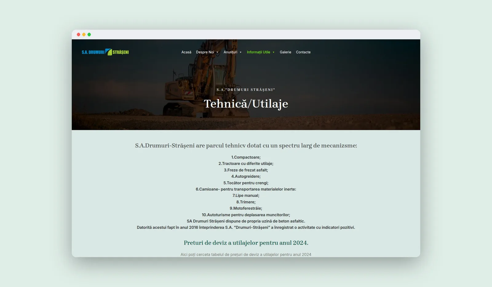 Pagina cu parcul tehnic și utilajele S.A. Drumuri-Strășeni