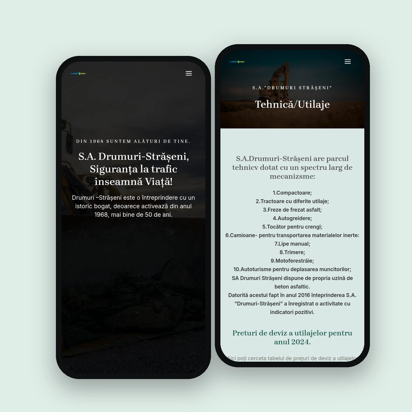 Site-ul Drumuri-Strășeni pe telefon: prima pagină și parcul tehnic