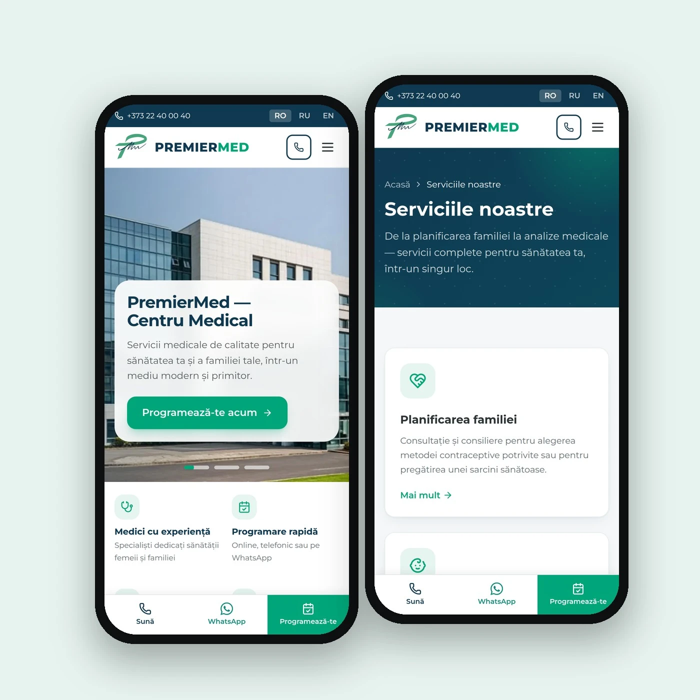 Site-ul PremierMed pe telefon: prima pagină și serviciile