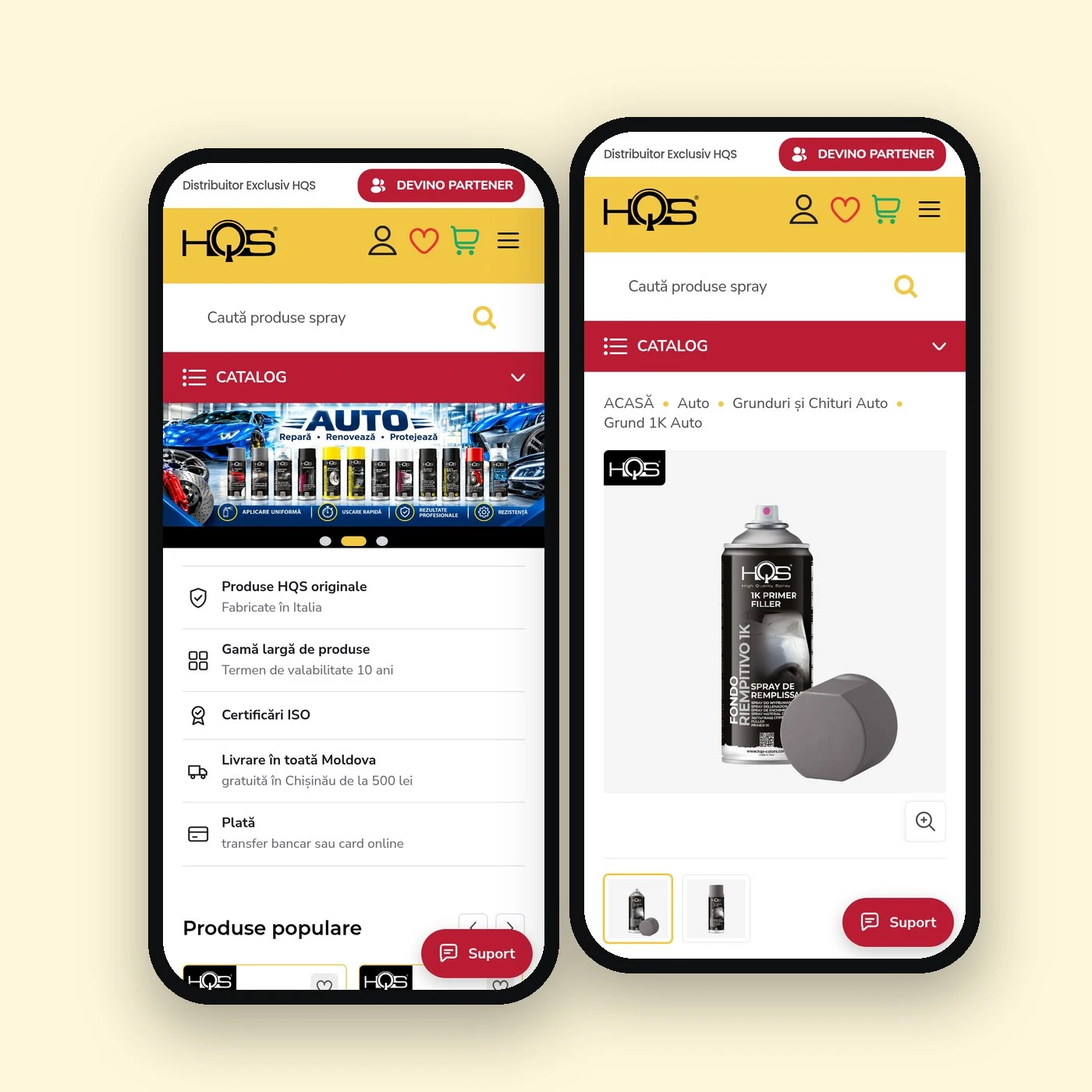 Magazinul HQS Colors pe telefon: prima pagină și o pagină de produs
